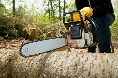 Motosierra cortando tronco